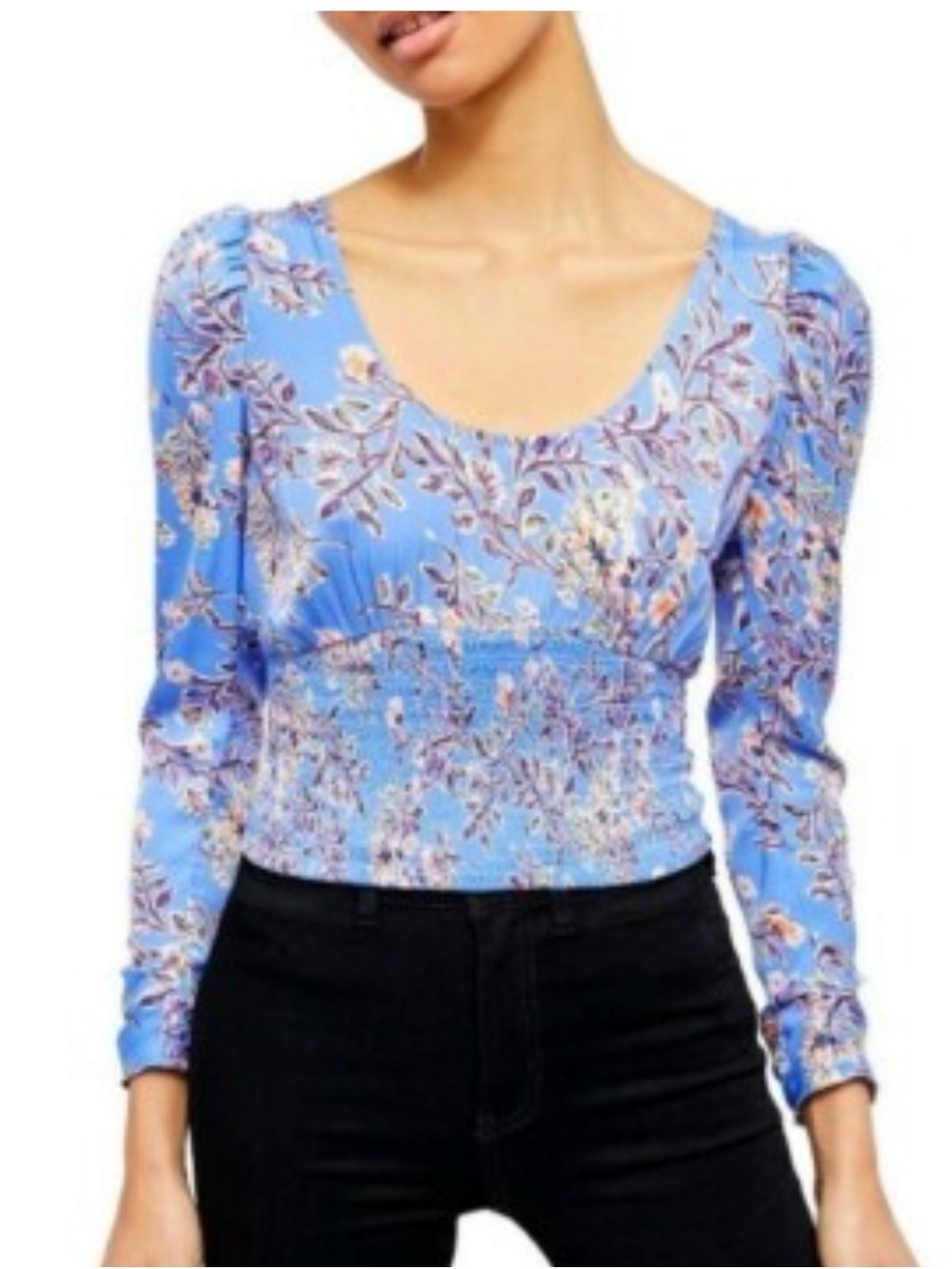 Free People S Blue satin Santiago print halter waist button ruche wrist crop top